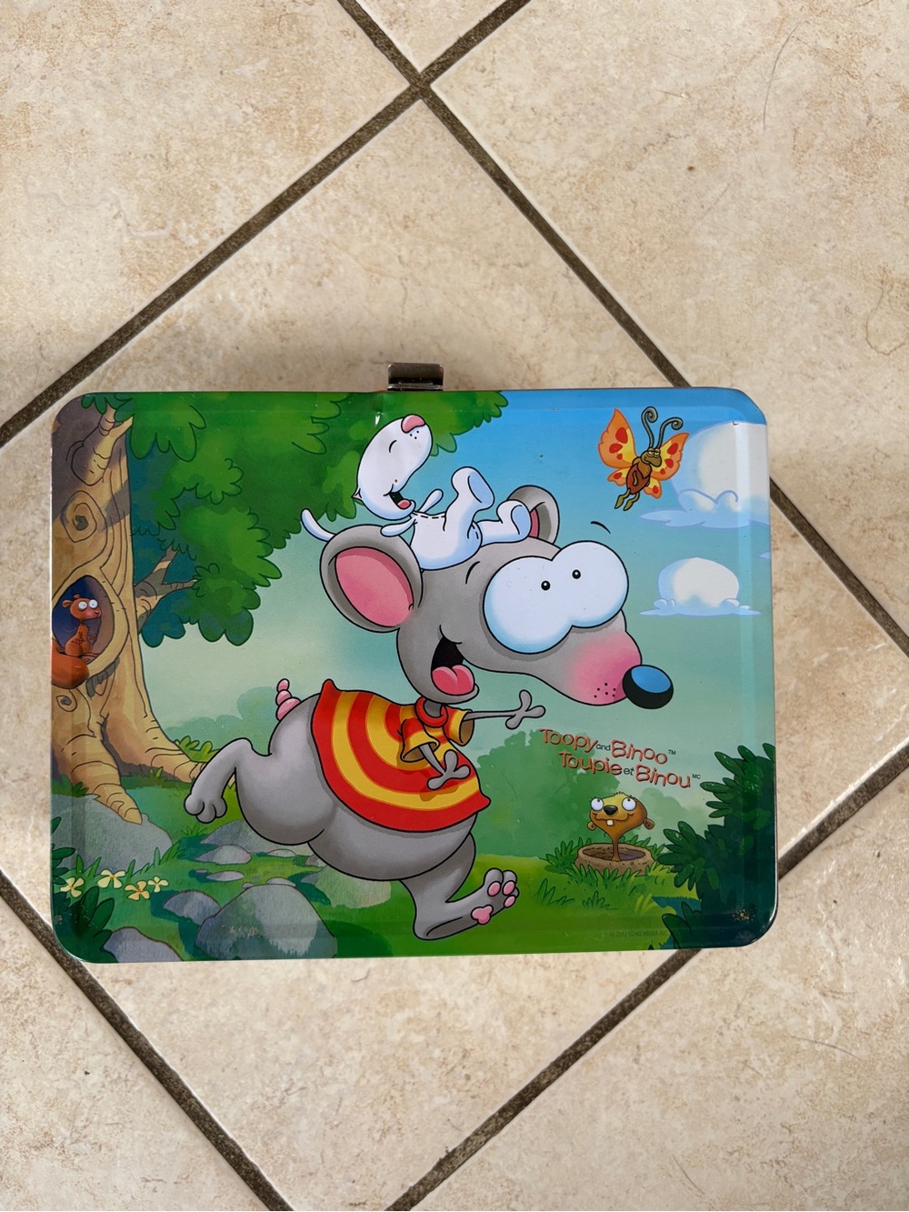 Kids Tin Lunchbox with Playful Mouse & Bird Illustration - Blue/Green
